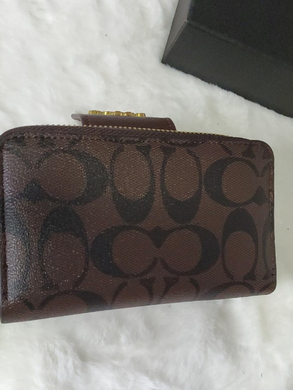 Coach Brown Signature Compact Wallet with Gold Accent - Picture 5 of 9